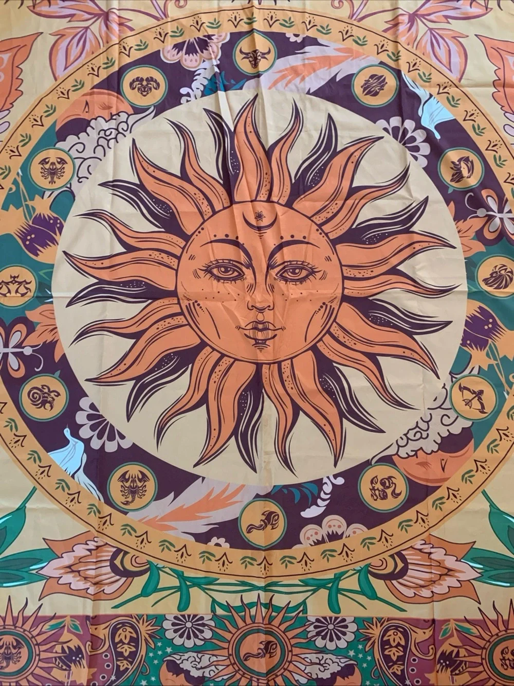 Burning Sun Tapestry Flower Vines 59x82 Zodiac Floral Mystic Hippie Wall Hanging